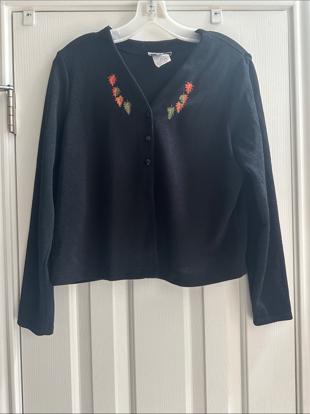 Vintage Black Women's Cardigan Sweater with Autumn Leaf Embroidery Size 12